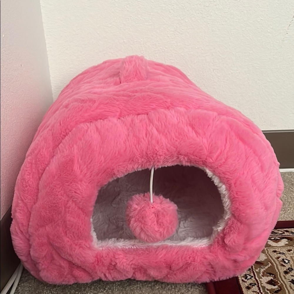 Pink and White Plush Cat Bed Igloo